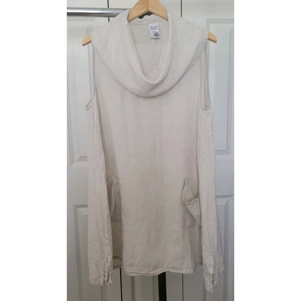 Match Point Boho Beige Linen Cowl Neck Sleeveless Tunic Swing Dress Pockets L